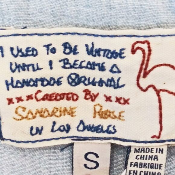 SANDRINE ROSE Western Floral Chambray Denim Top Pearl Snap Pockets Light Wash S - Picture 10 of 13